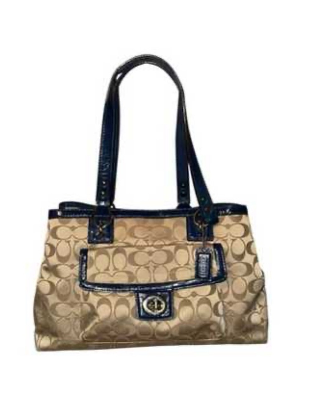 Coach Penelope Signature Satchel F19043 Khaki Navy Jacquard Leather Purse Bag